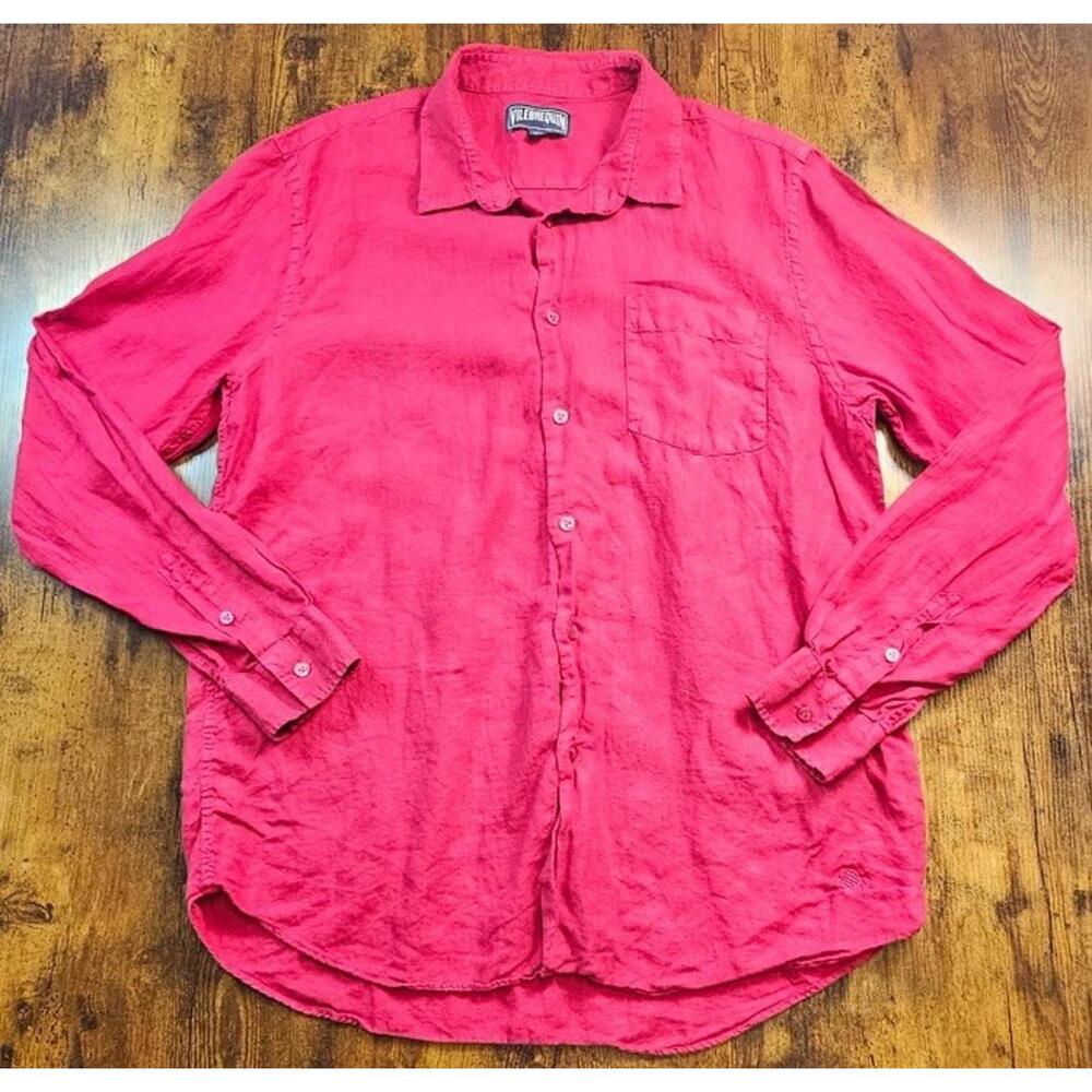 Vilebrequin Shirt Men Extra Large Gooseberry Red 100% Linen Long Sleeve